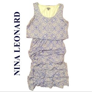 NINA LEONARD blue floral print pattern top overlay maxi dress size large